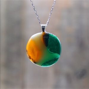 Glass Pendant Necklace Stained Glass Teal Amber Cream Unique
